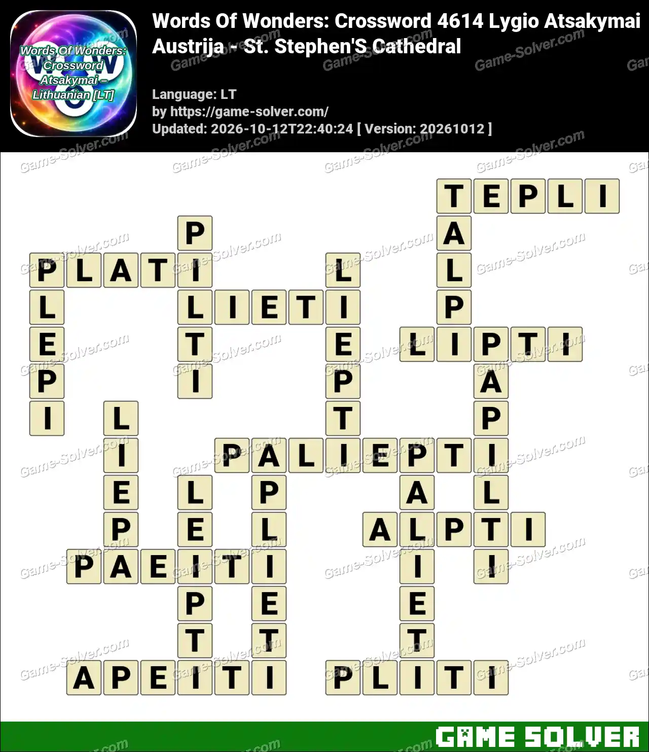 Words Of Wonders: Crossword 4614 Lygio Atsakymai – Austrija – St. Stephen’S Cathedral